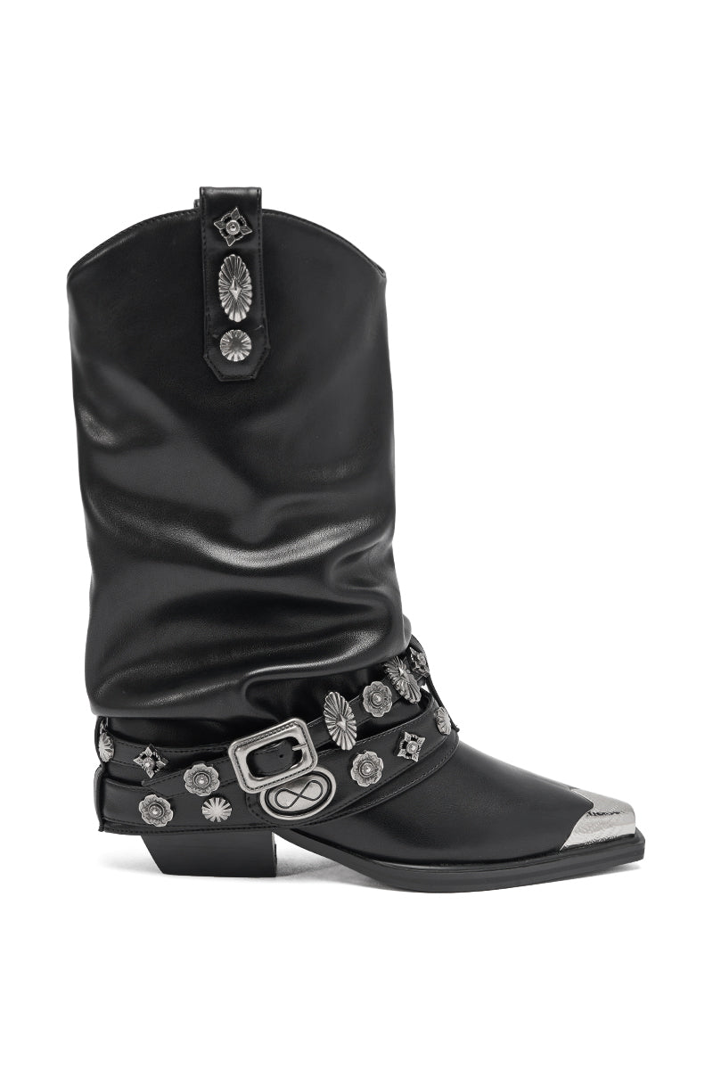 AZALEA WANG ASHRAF BLACK PU SILVER HARDWARE WESTERN BOOTIE