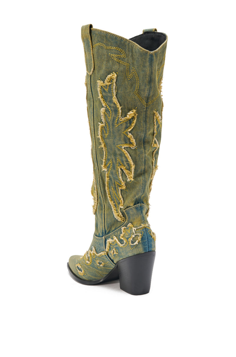 AZALEA WANG HEINRICH DENIM WESTERN LOW HEEL BOOT