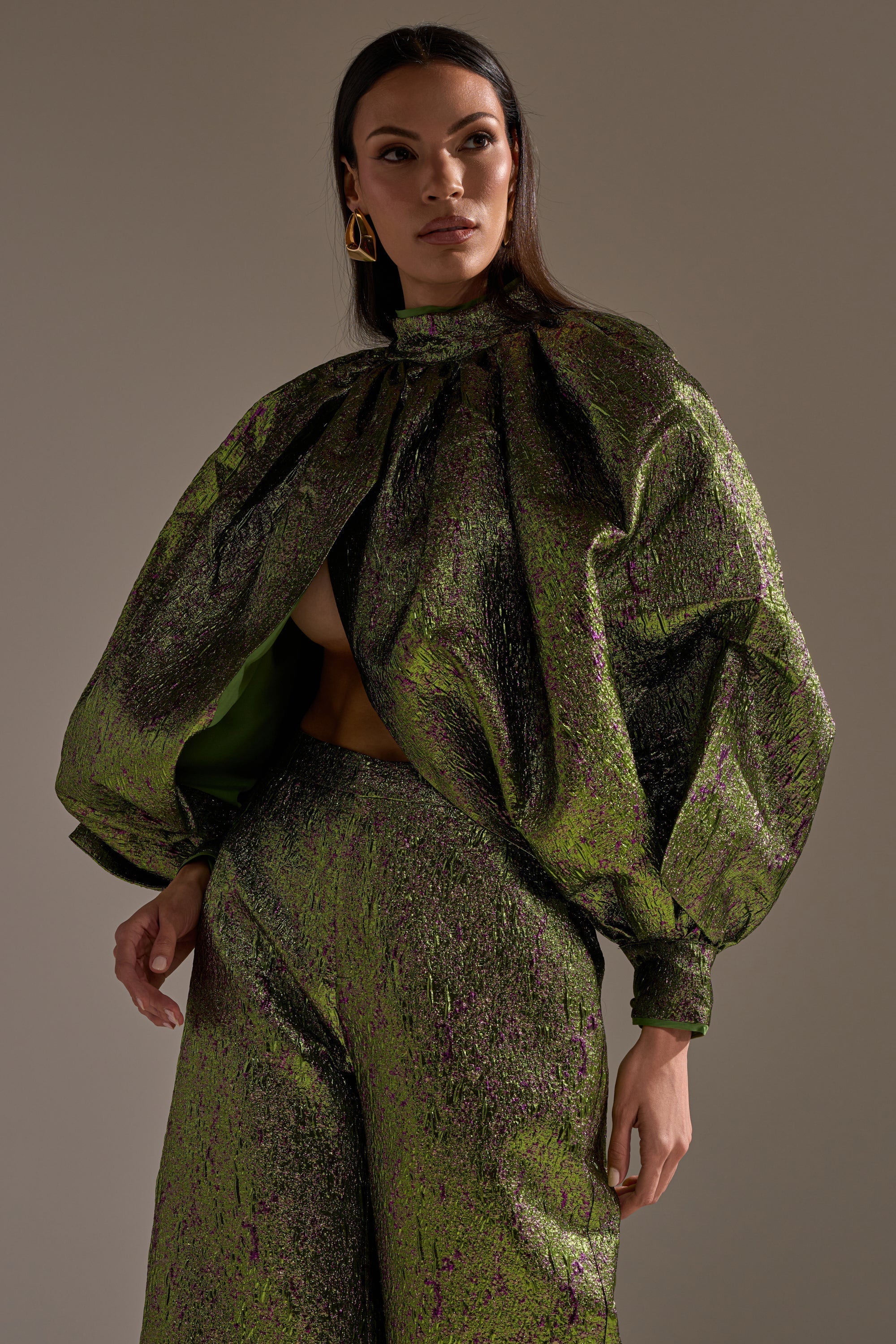 LAYLA BROCADE PUFF SLEEVE MOCK NECK TOP