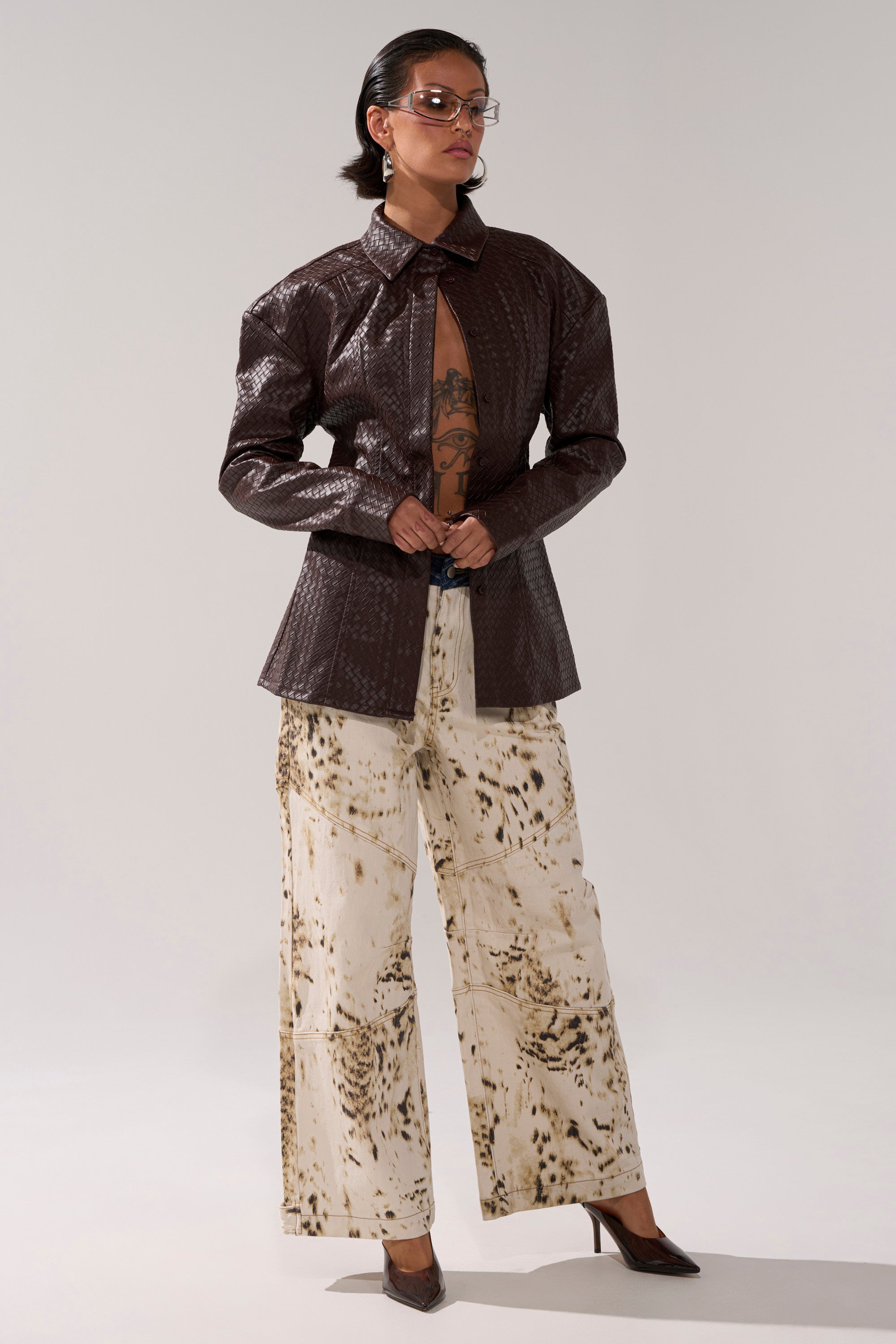 FEELING RICH FAUX LEATHER BUTTON DOWN