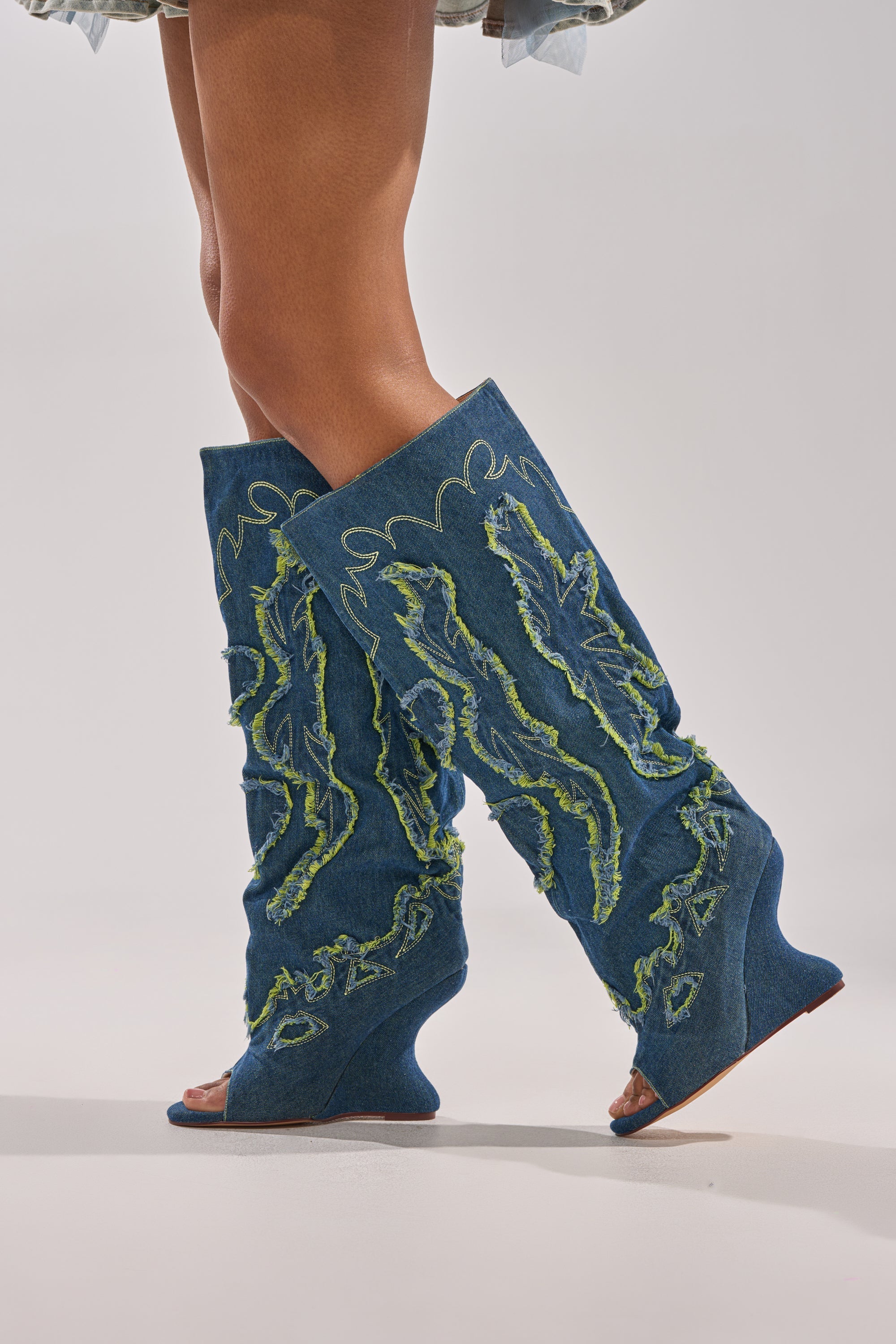 AZALEA WANG VIANCA GREEN MULTI DENIM WEDGE BOOT