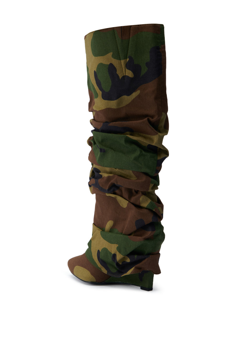 AZALEA WANG ZUMMA CAMO RUCHED WEDGE BOOT