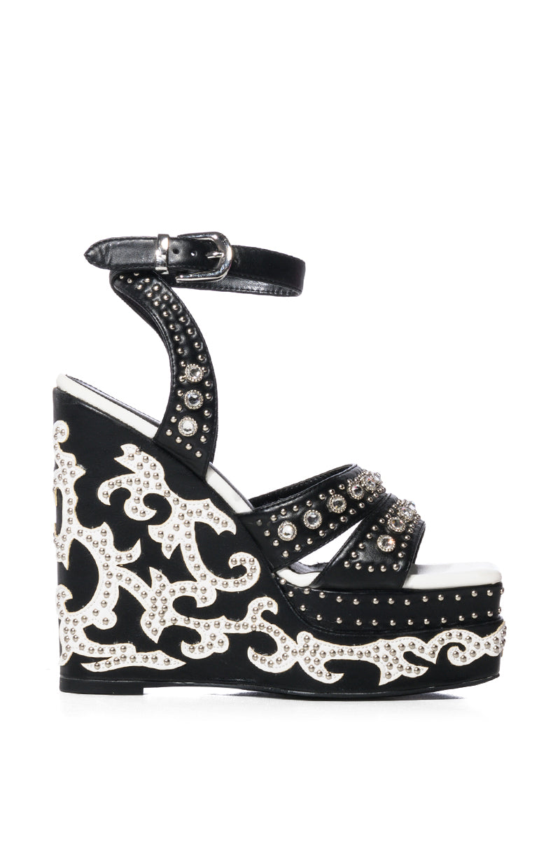 AZALEA WANG NUTMEG EMBELLISHED WEDGE HEEL SANDAL IN BLACK