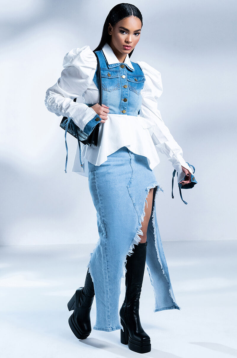 JUST WANNA DANCE HIGH LOW DENIM SKIRT