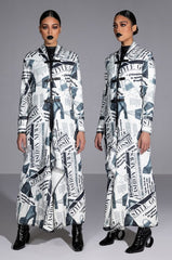 PARTY LIKE ITS 2002 NEWSPAPER PRINT LONG CARDIGAN
